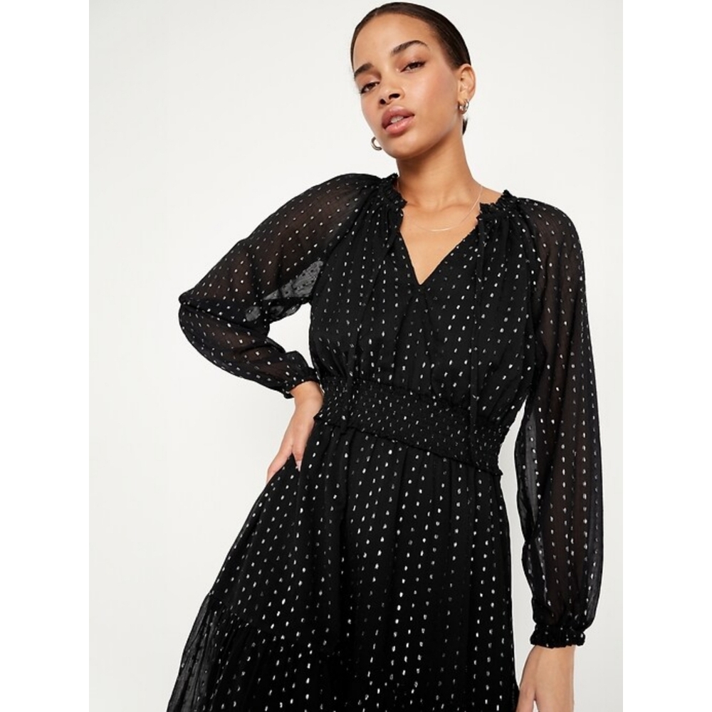 Old Navy Women L Mini Dress Black Silver Metallic Foil Dot Smocked Party